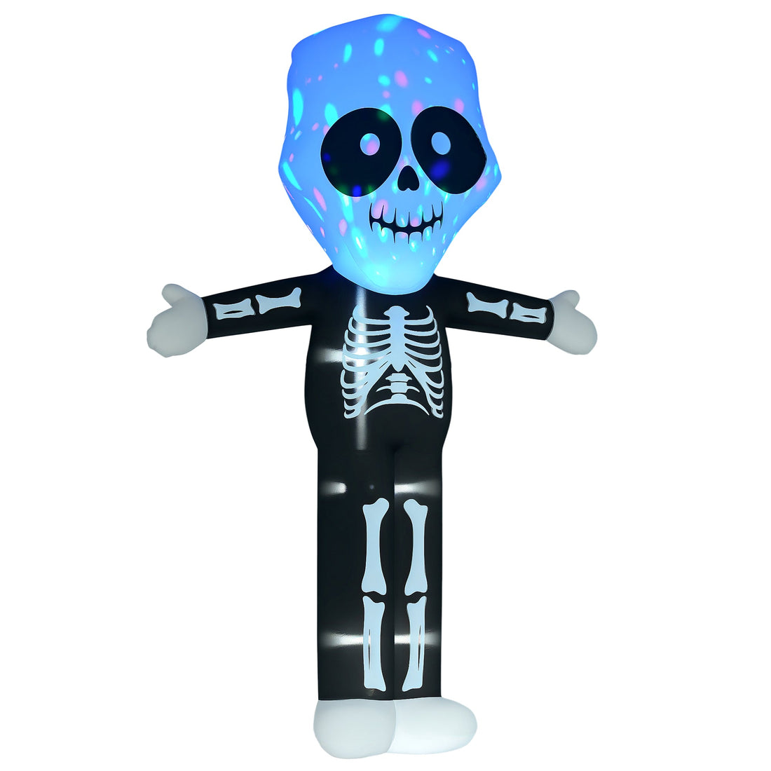 Tall inflatable skeleton ghost with internal LED lighting, staked out for a Halloween garden display