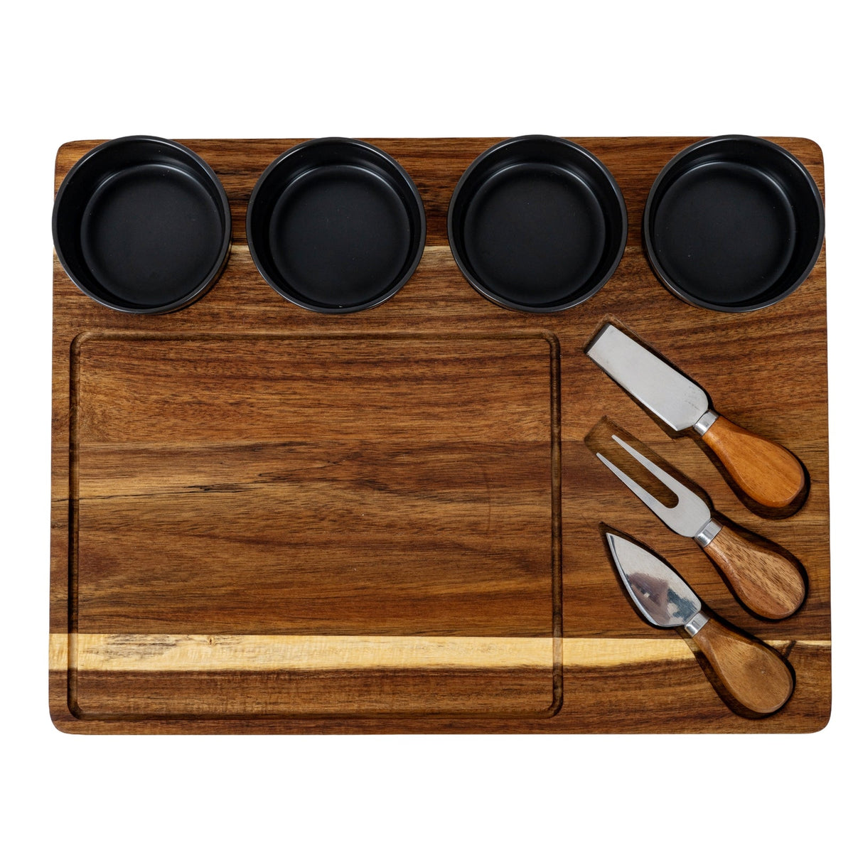 Acacia cheese board set with black ceramic bowls and knives