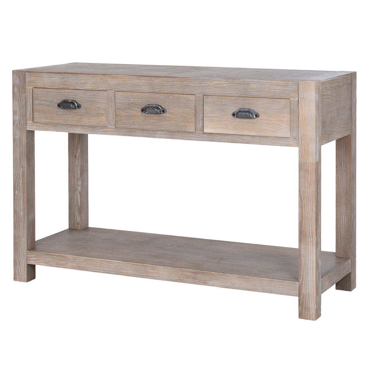 Washed wood console table with three drawers