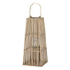 Tall brown wicker decorative lantern with an arched handle and glass candle holder