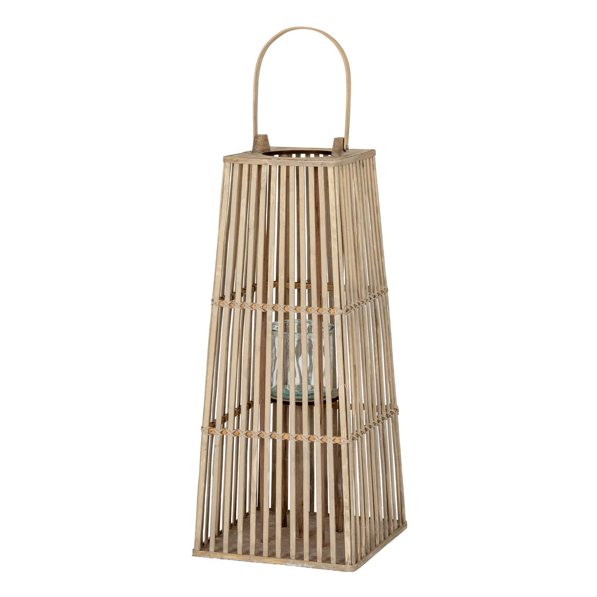 Tall brown wicker decorative lantern with an arched handle and glass candle holder