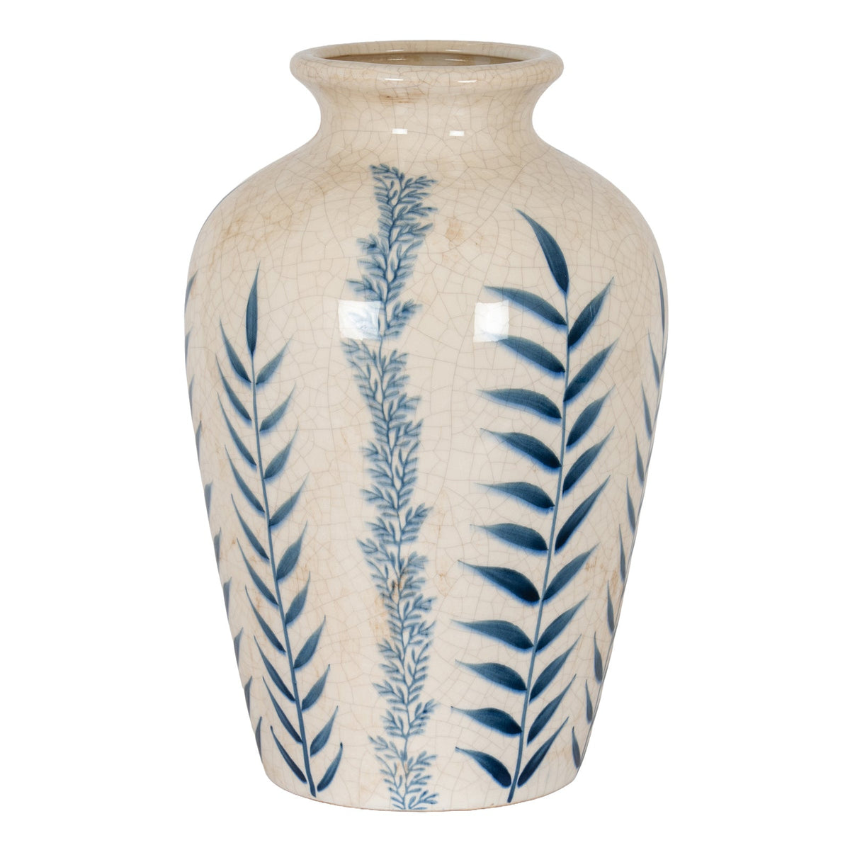 Blue and white botanical ceramic vase with a rounded body and narrow neck