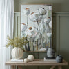 Poppy Heads portrait framed canvas wall art styled above a wooden console