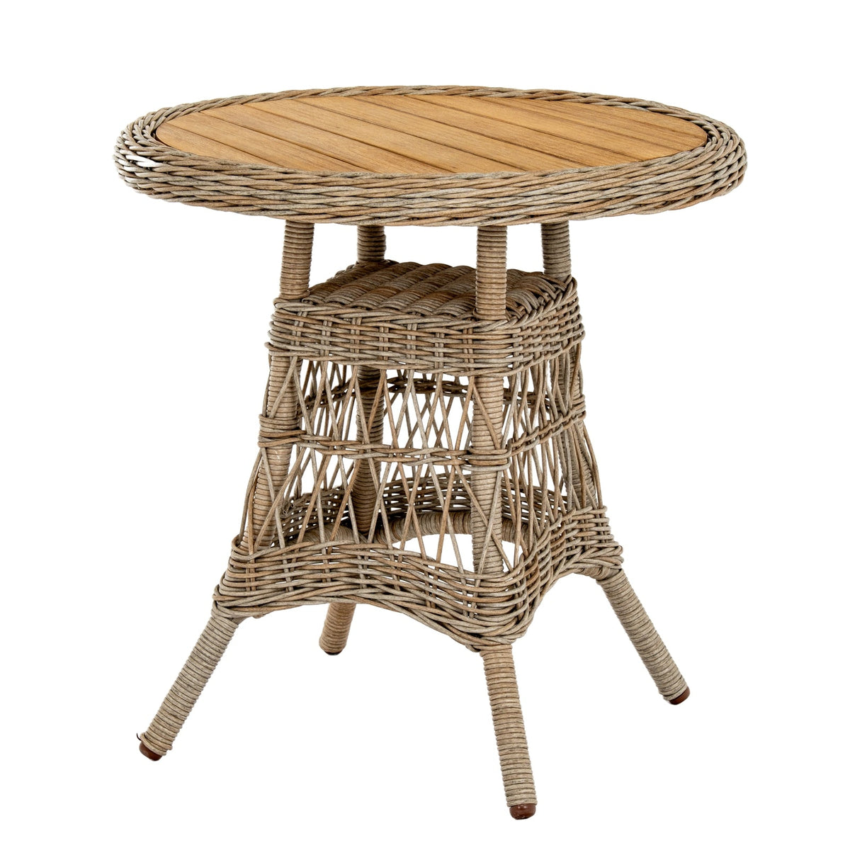 Round woven garden bistro table with a wooden top