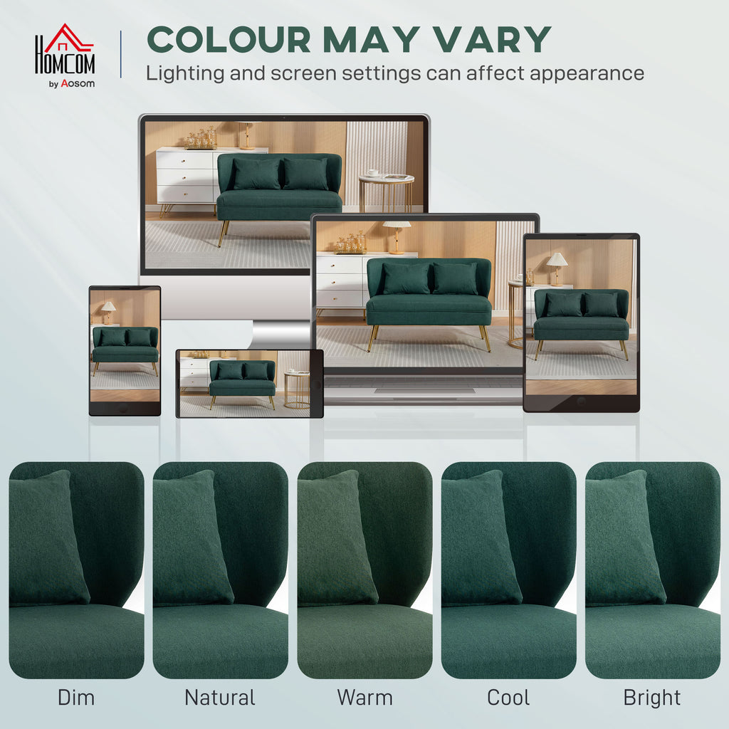 2 Seater Sofa, Linen-look Fabric Small Sofa with Wing Back, Thick Seat, Metal Legs, Dark Green