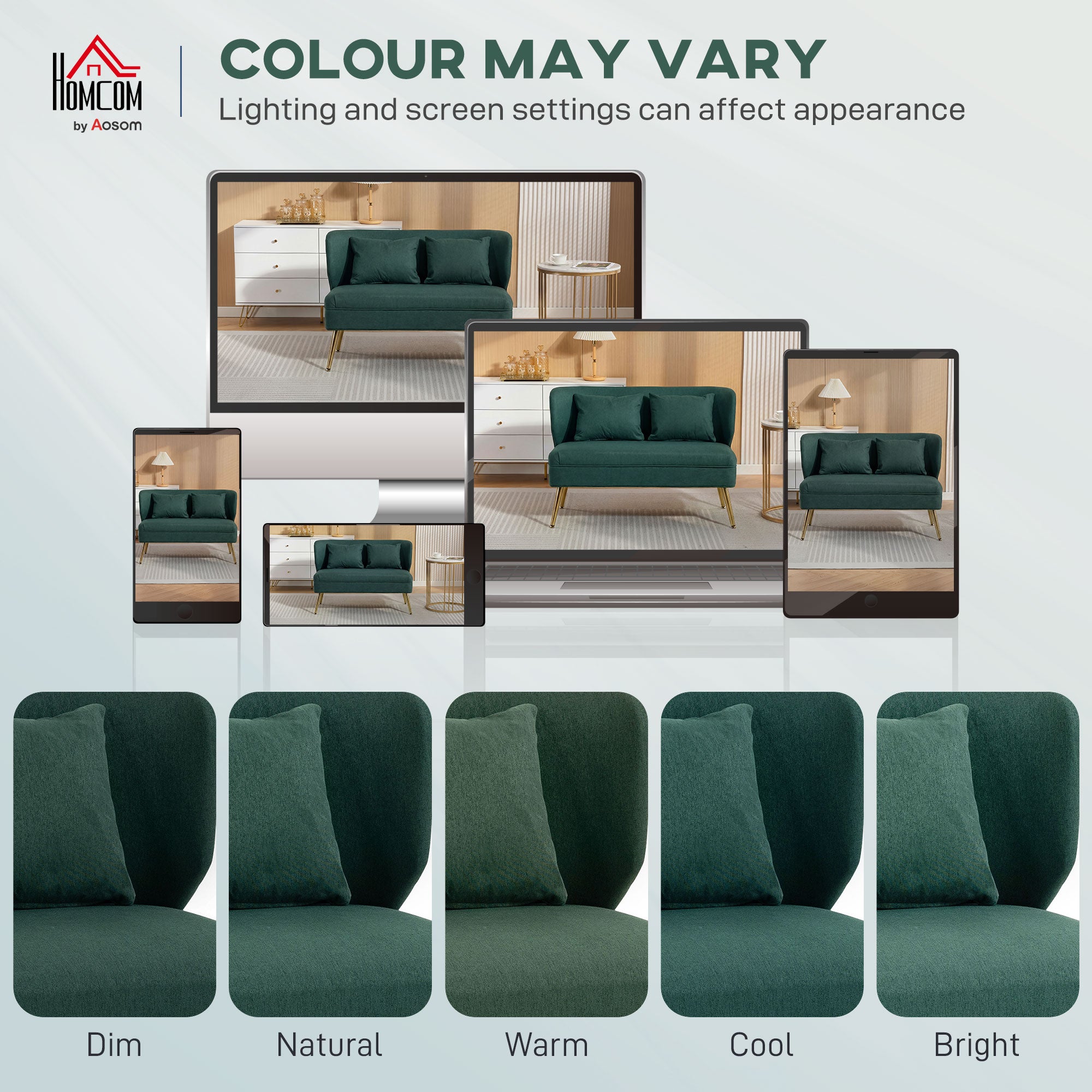 2 Seater Sofa, Linen-look Fabric Small Sofa with Wing Back, Thick Seat, Metal Legs, Dark Green