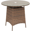 Round brown rattan garden table with tempered glass top and parasol hole