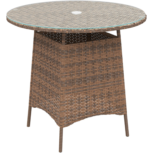 Round brown rattan garden table with tempered glass top and parasol hole