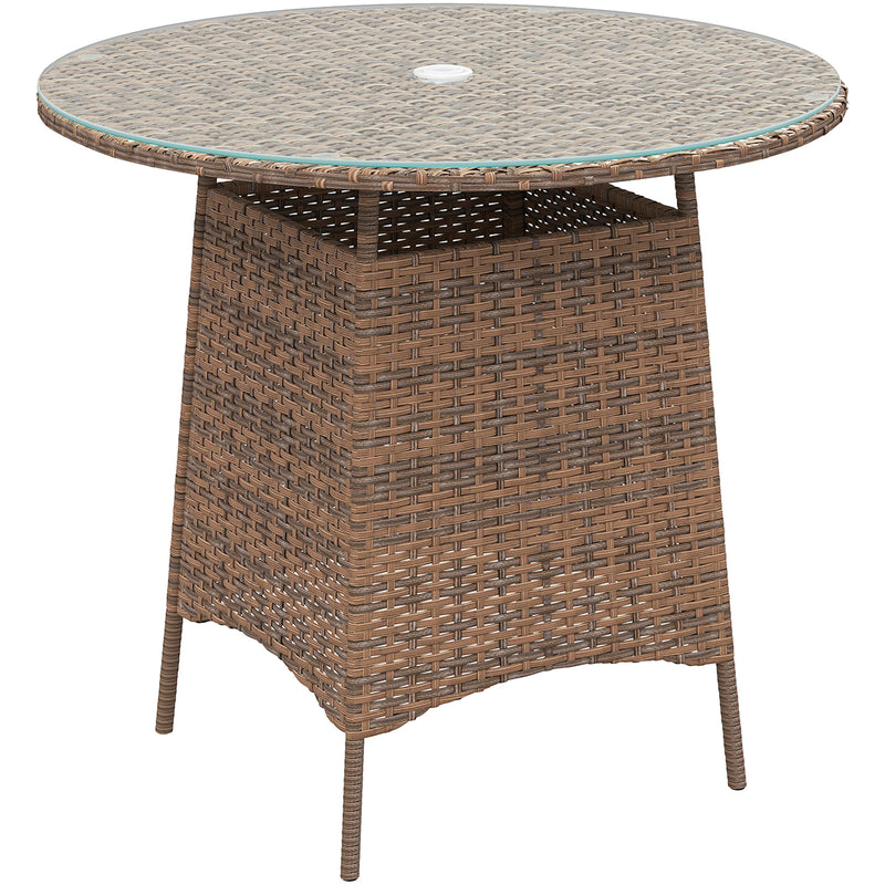 Round brown rattan garden table with tempered glass top and parasol hole