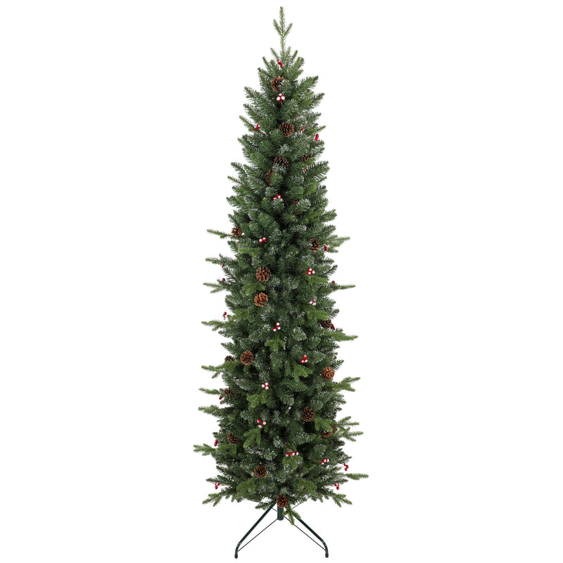 7ft slim pine pencil Christmas tree with white tips, pine cones and red berries