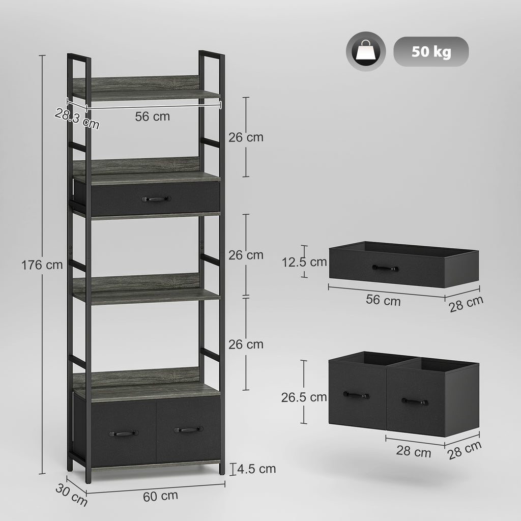 Industrial Style Bookcase, with 4 Shelves and 3 Fabric Drawers - Grey/Black