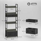 Industrial Style Bookcase, with 4 Shelves and 3 Fabric Drawers - Grey/Black