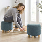 Storage Sitting Bench with Lid, Round Storage Ottoman with Rubberwood Legs, Dark Blue