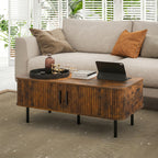 Coffee Table with Storage, Living Room Table with Slatted Tambour Sliding Doors and Adjustable Foot Pads, Rectangular Coffee Table with Elevated Base for Living Room, Rustic Brown