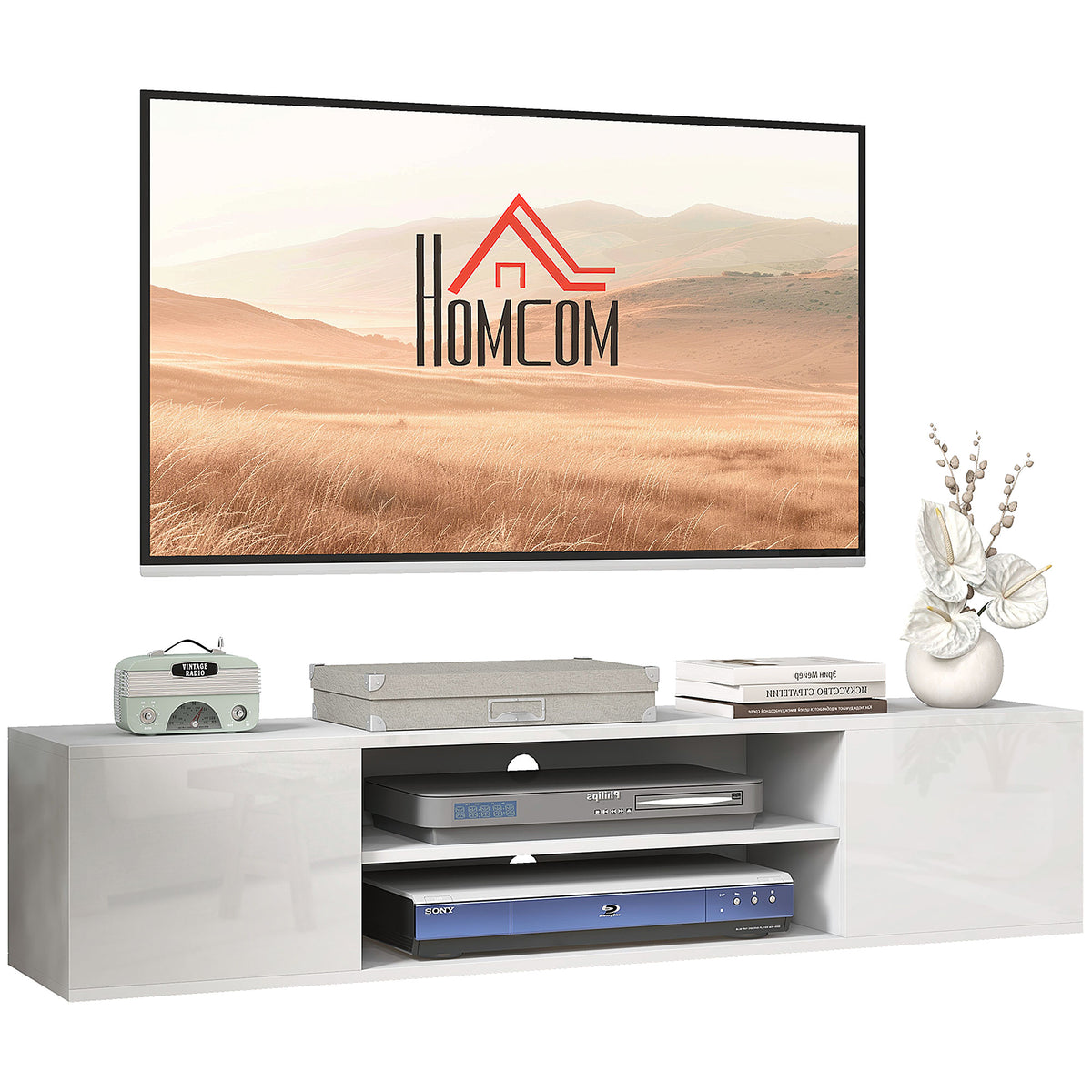 140 cm Floating TV Cabinet with Cupboards for TVs up to 60″ – White