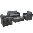 Grey 4-piece rattan sofa set with two-seater, two armchairs and glass coffee table