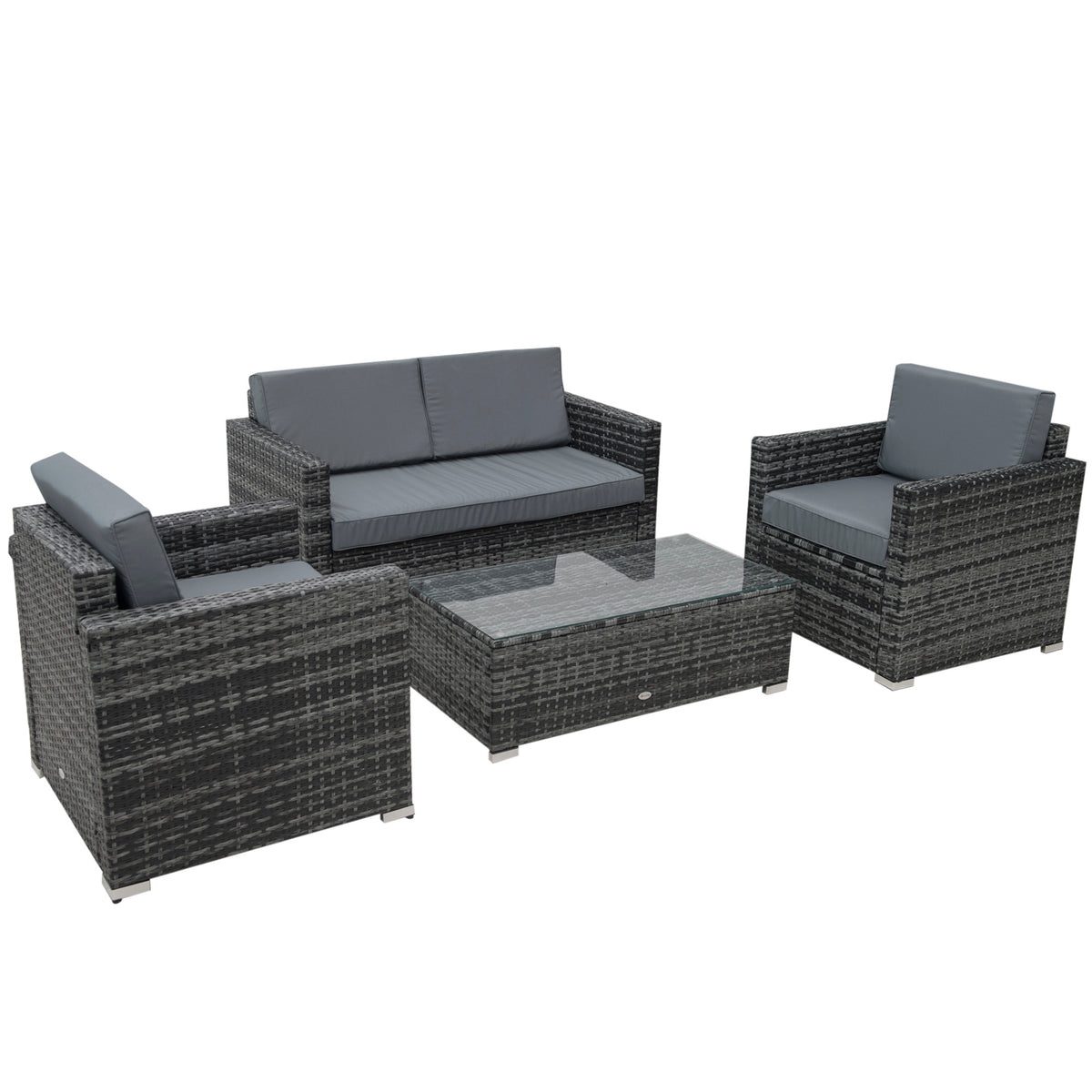 Grey 4-piece rattan sofa set with two-seater, two armchairs and glass coffee table