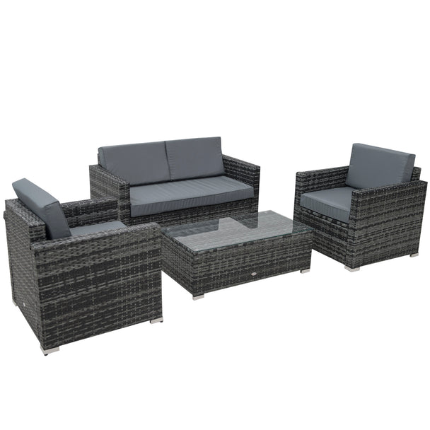 Grey 4-piece rattan sofa set with two-seater, two armchairs and glass coffee table