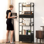 Industrial Style Bookcase, with 4 Shelves and 3 Fabric Drawers - Grey/Black