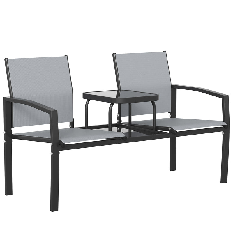 Outsunny Garden Love Seat, 2 Seater Jack and Jill Loveseat Companion Seat with 2-Tier Glass Table, Breathable
