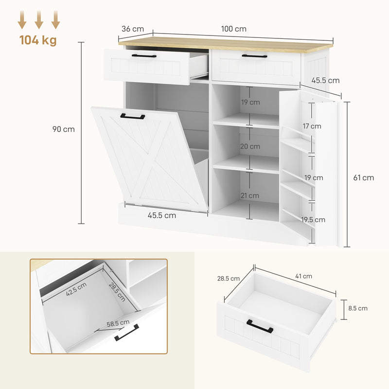 HOMCOM Sideboard with Tilt-out Trash Bin, Farmhouse Kitchen Sideboard with 2 Drawers, Adjustable Shelves, Door Racks – view 3
