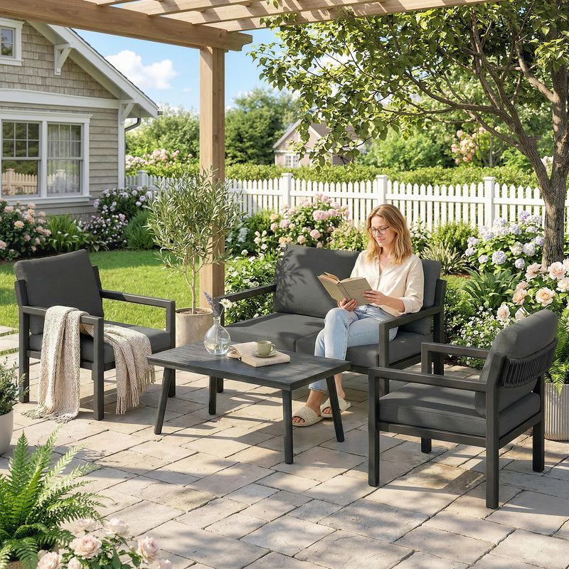 Outsunny 4 Seater Rattan Garden Furniture Set with 2 Armchairs, Loveseat, Coffee Table, Garden Sofa Set with Cushions – view 8