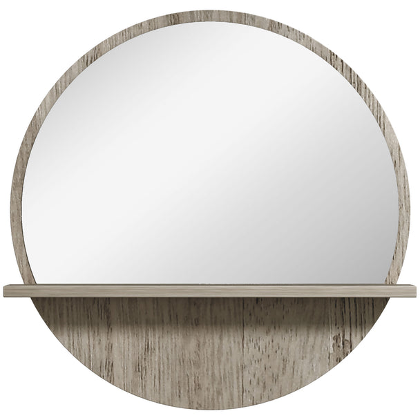 45 cm round wall mirror with grey wood-effect frame and lower shelf