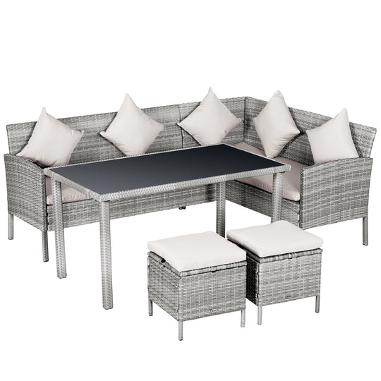 Grey rattan sofa dining set with beige cushions, two stools and glass-top table