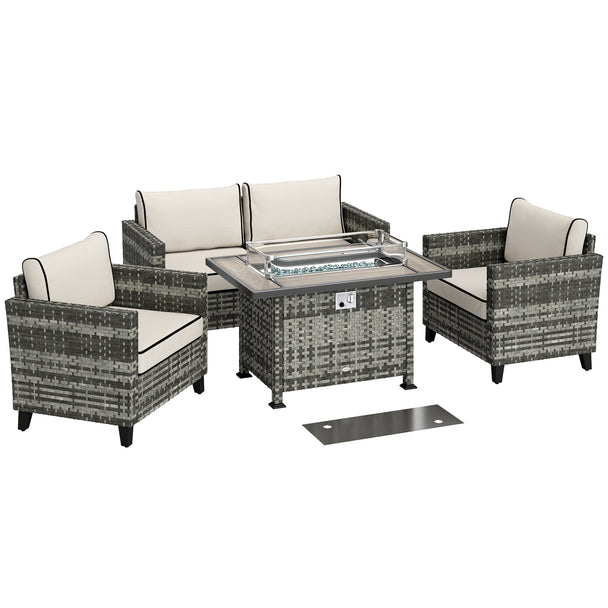 5-piece grey rattan garden sofa set with light grey cushions around a gas fire pit table
