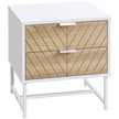 White and oak bedside table with two chevron-detail drawers on a metal frame