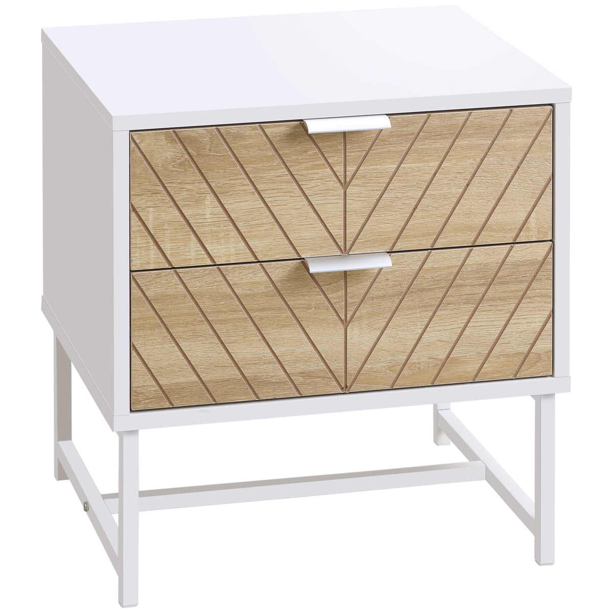 White and oak bedside table with two chevron-detail drawers on a metal frame