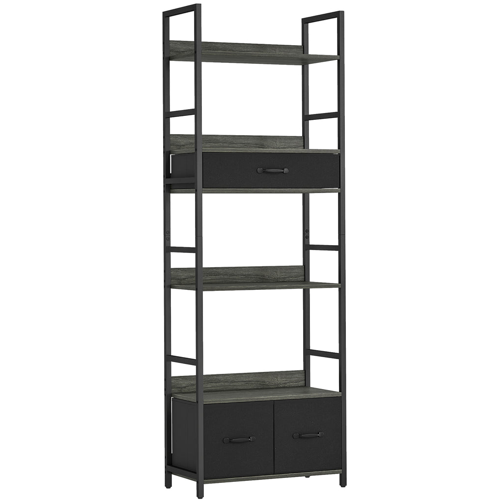 Industrial Style Bookcase, with 4 Shelves and 3 Fabric Drawers - Grey/Black
