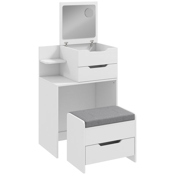White wood-effect compact flip-top dressing table with hidden mirror and cream padded rolling stool