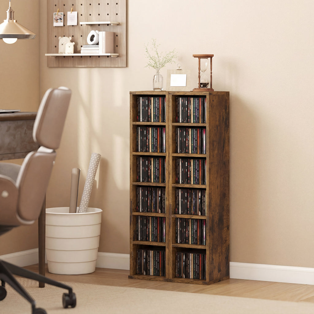 Set of 2 CD Media Display Shelf Unit Tower Rack with Adjustable Shelves, Rustic Brown