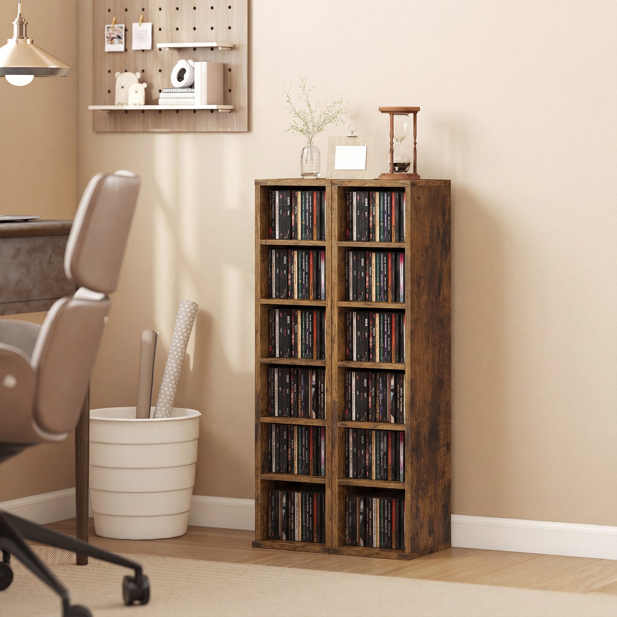 Set of 2 CD Media Display Shelf Unit Tower Rack with Adjustable Shelves, Rustic Brown