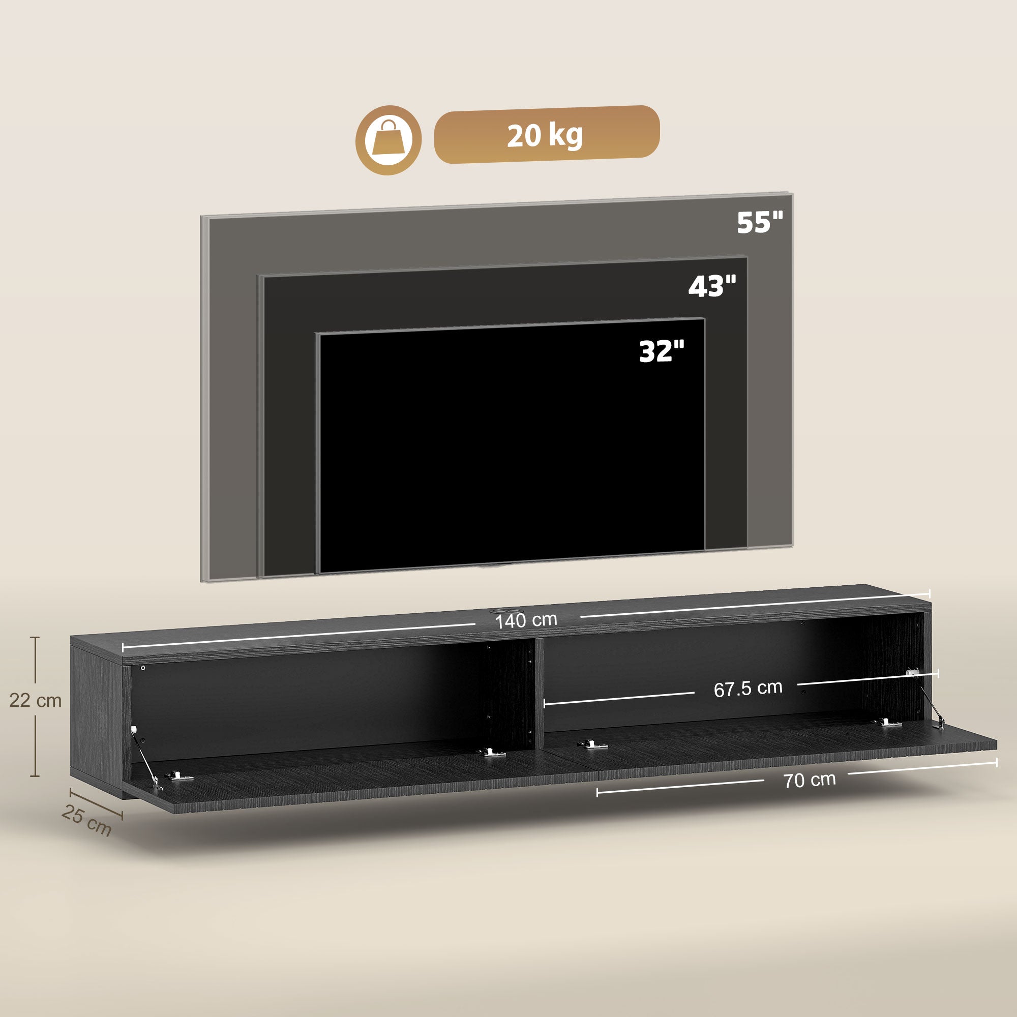 140cm Floating TV Stand, Wall Mount TV Unit with Cable Management Hole, Fits up to 72" TV, Black