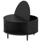Coffee Table with Lift Top and Hidden Storage, Round Centre Table with Fluted Sliding Door, 80 cm, Black Wood Effect