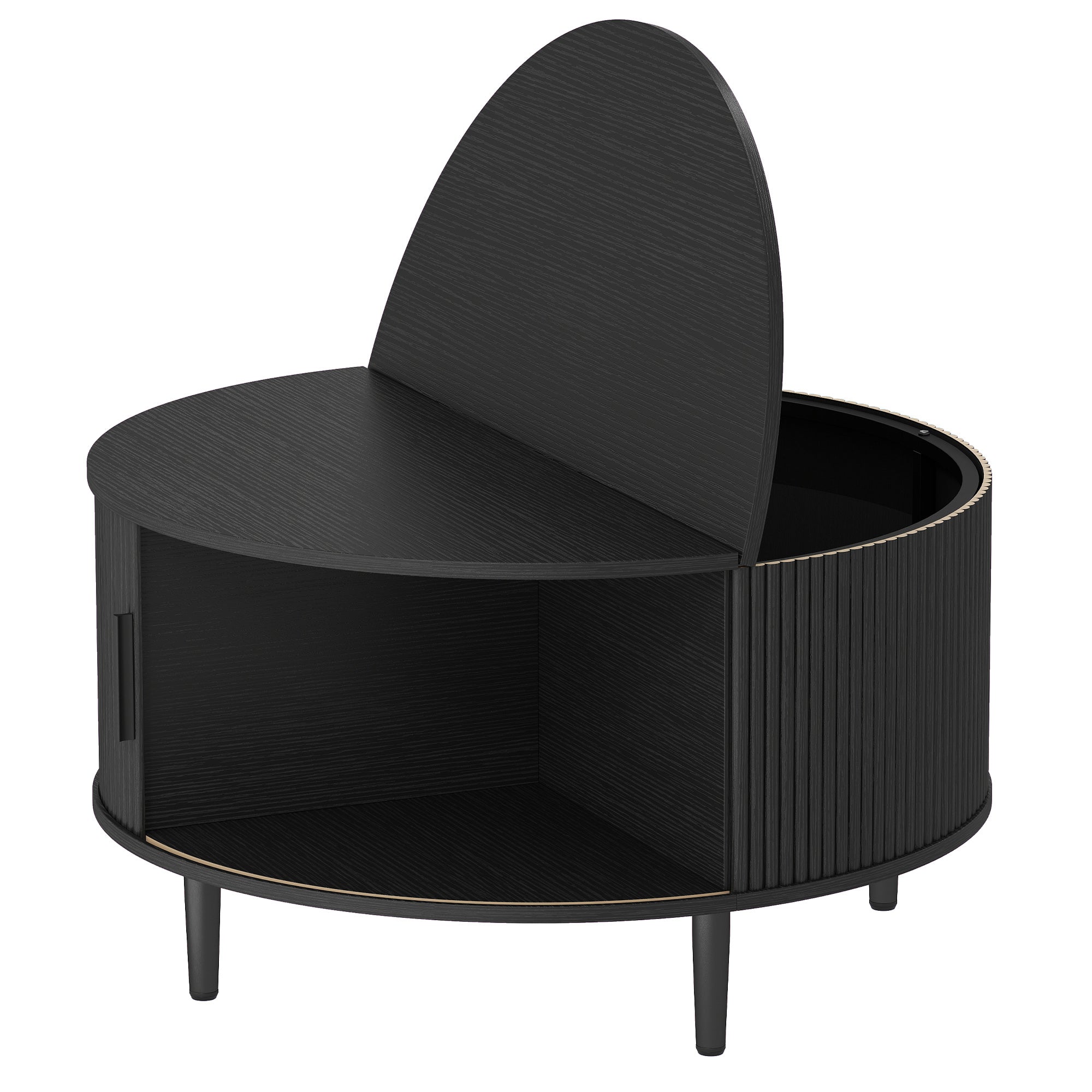 Coffee Table with Lift Top and Hidden Storage, Round Centre Table with Fluted Sliding Door, 80 cm, Black Wood Effect