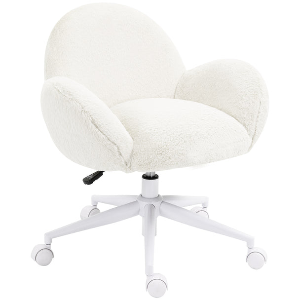 Cream white fluffy faux fur tub vanity desk chair with swivel wheels