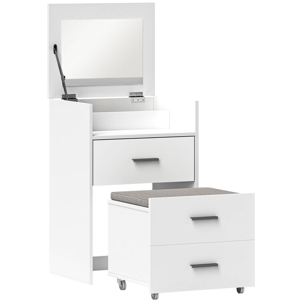 Compact white dressing table with flip-up mirror, two drawers and light grey wheeled stool
