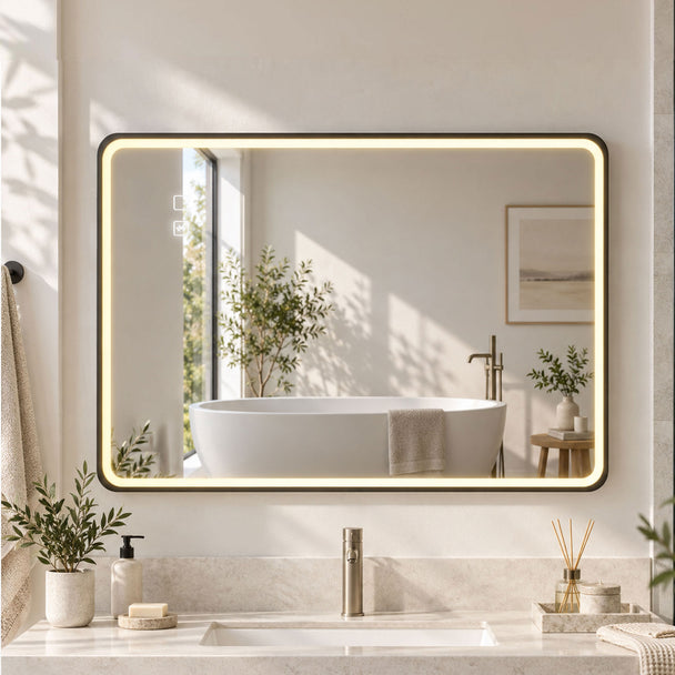 HOMCOM Bathroom Mirror with LED Lights, 100x70cm Rectangle Bathroom Mirror, Dimmable, Bluetooth, Anti-Fog, Black – view 2
