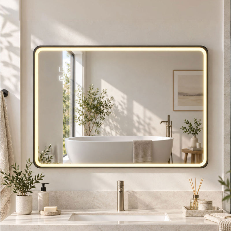 HOMCOM Bathroom Mirror with LED Lights, 100x70cm Rectangle Bathroom Mirror, Dimmable, Bluetooth, Anti-Fog, Black – view 2