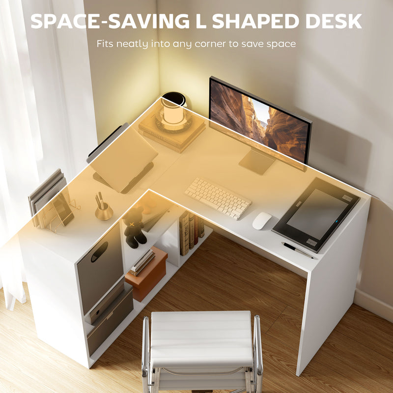 HOMCOM L Shaped Computer Desk, 110 x 100cm Corner Desk with Fabric Drawer and Storage Shelves, White – view 4