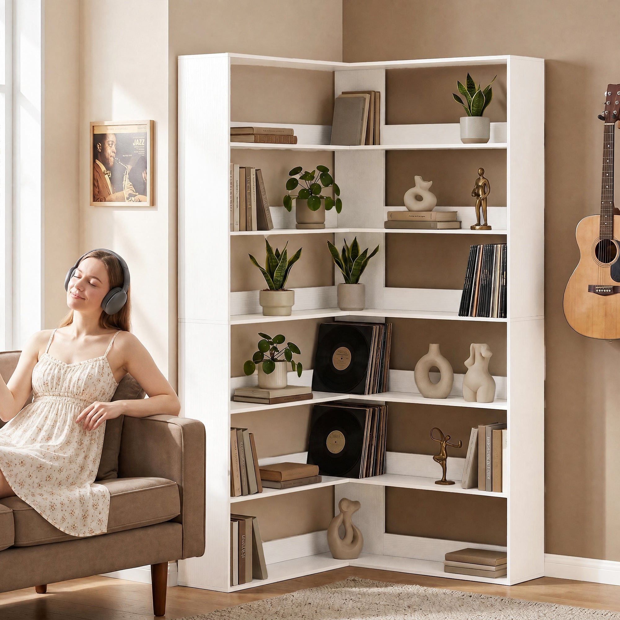 7 Tiers Bookshelf, L-Shaped Corner Bookcase with Anti-Slip Rear Guard, White Wood Effect