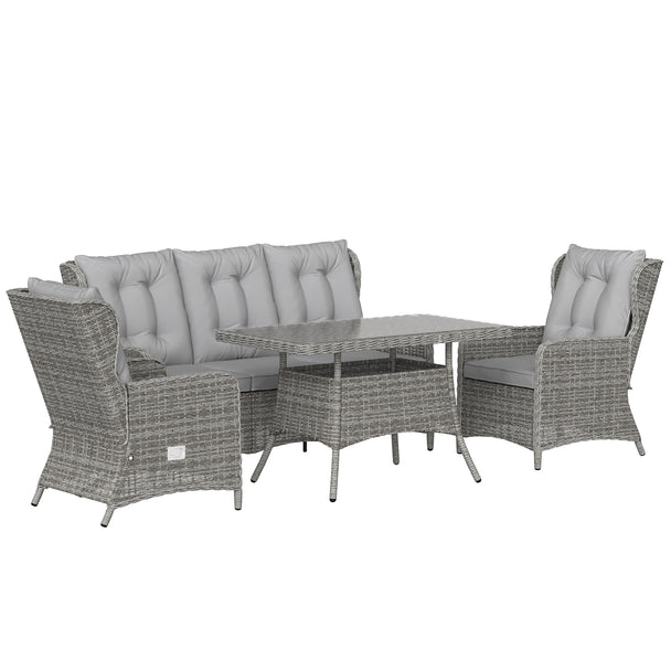 Grey rattan sofa dining set with three-seater sofa, two reclining armchairs and glass dining table
