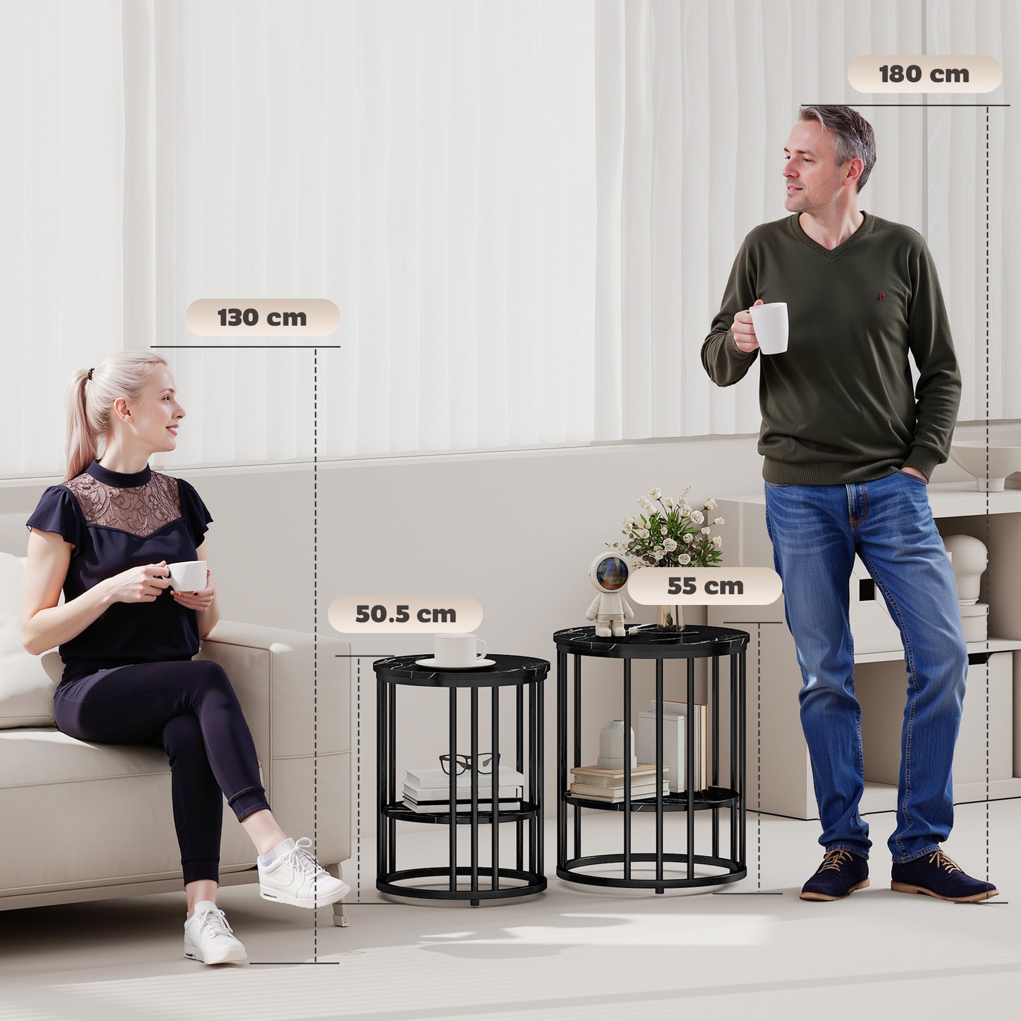 Set of Two Marble-Effect Coffee Tables - Black