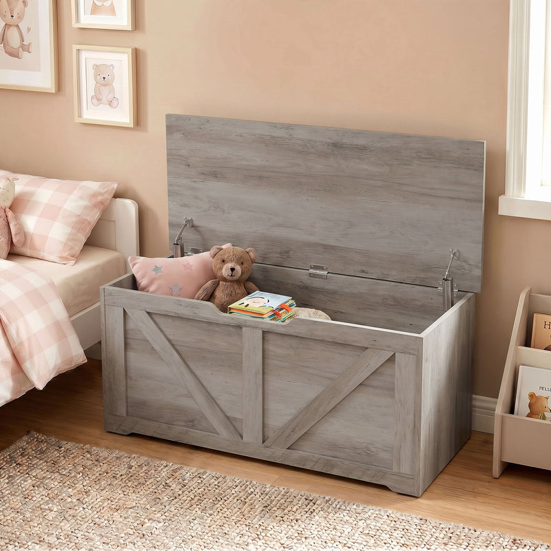 HOMCOM 127L Home Storage Box, with Safety Hinges - Grey Wood-Effect – view 8