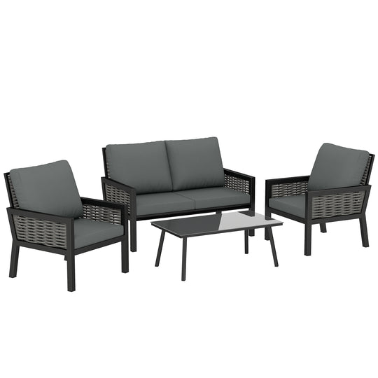 Outsunny 4 Seater Rattan Garden Furniture Set with 2 Armchairs, Loveseat, Coffee Table, Garden Sofa Set with Cushions