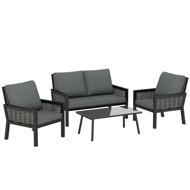 Outsunny 4 Seater Rattan Garden Furniture Set with 2 Armchairs, Loveseat, Coffee Table, Garden Sofa Set with Cushions