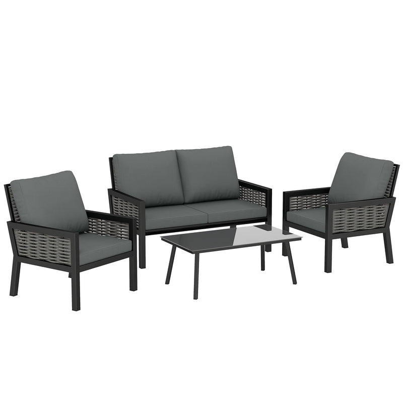 Outsunny 4 Seater Rattan Garden Furniture Set with 2 Armchairs, Loveseat, Coffee Table, Garden Sofa Set with Cushions